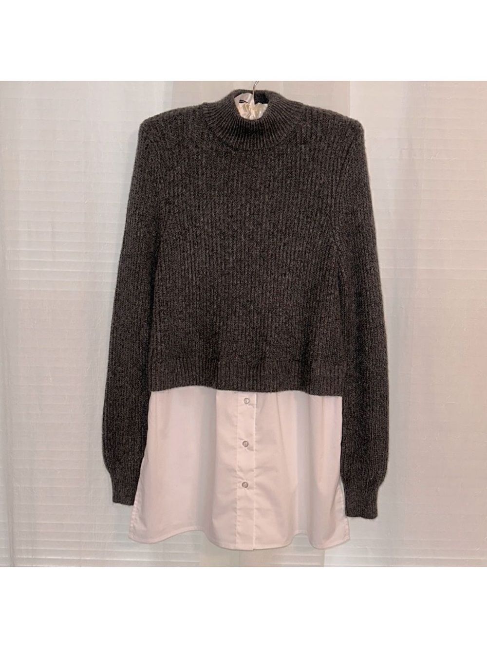 Halston M Charcoal Gray White Cotton Shirt Combo Knit Mock Neck Sweater Twofer